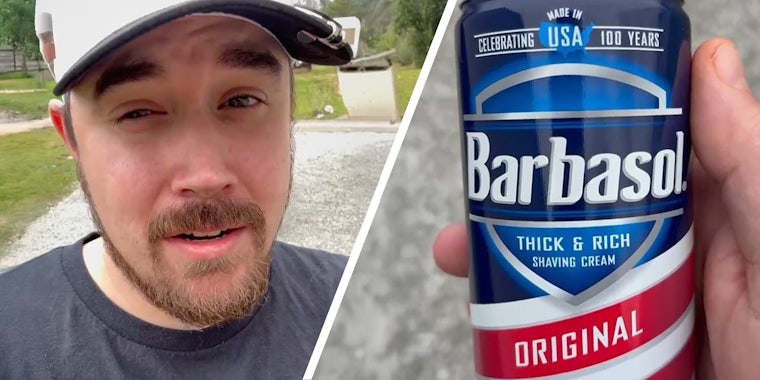 Man sharing uses of Barbasol(l) Barbasol Shaving Cream(r)